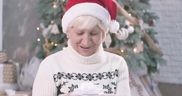 Face of Surprised Mature Caucasian Woman Holding Christmas Gift Box, Looking at Camera and Smiling