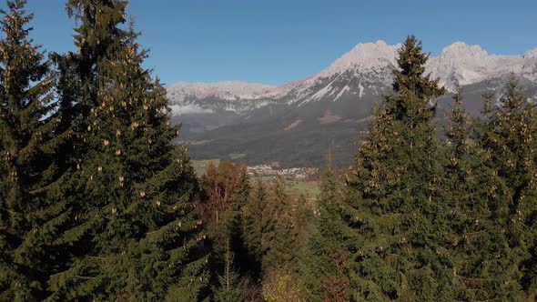 AERIAL: Flying through trees to see beautiful valley in the alps,tyrol