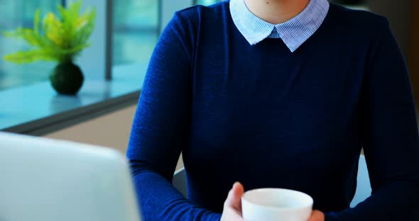 Female executive using laptop while having coffee