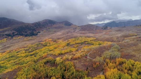 Aerial view of colorful mountain landscape on cloudy day