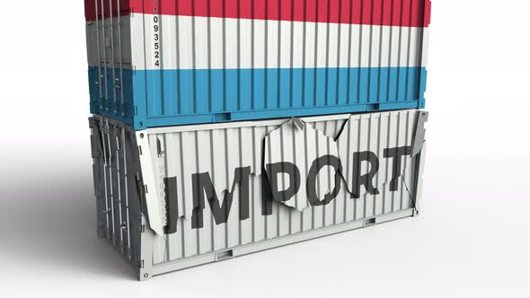 Container with Flag of Luxembourg Breaks Container with IMPORT Text