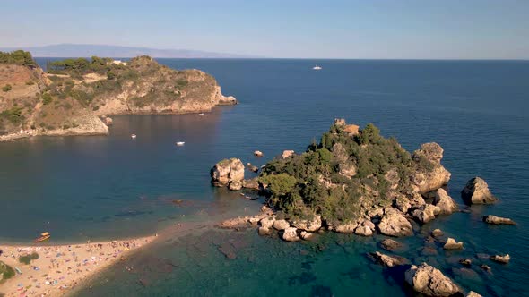 Taormina Sicily Isola Bella Beach From the Sky Aerial View Voer the Island and the Beach By Taormina