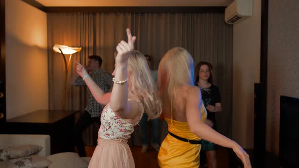 Two Attractive Sexy Girls Dancing at Party with Friends Behind.