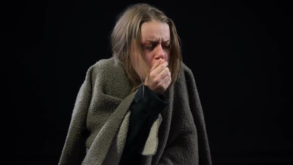 Sick Homeless Woman Coughing Hard, Shaking From Pain, Contagious Disease, TB