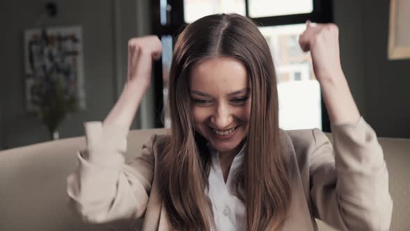 Excited Lady Gets New Distance Job Opportunity Reads Good News Rejoices Victory