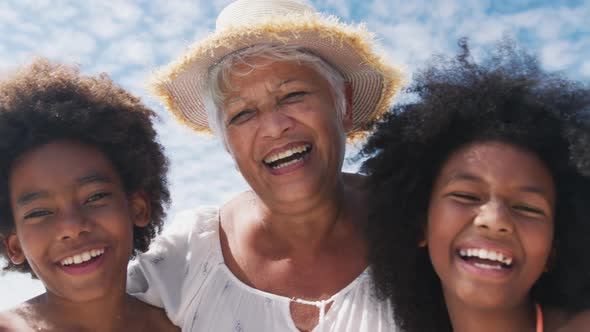 Portrait of mixed race senior woman with grandchildren smiling at the beach