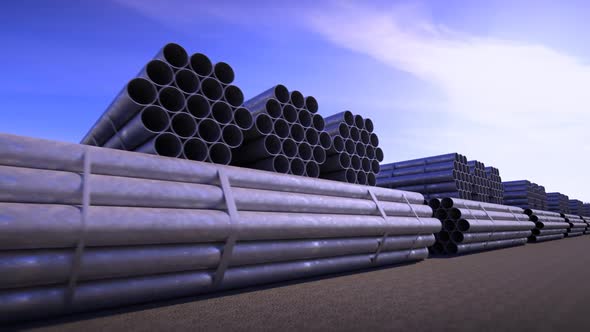 Background CG animation of steel pipes bunches. Tubes building construction
