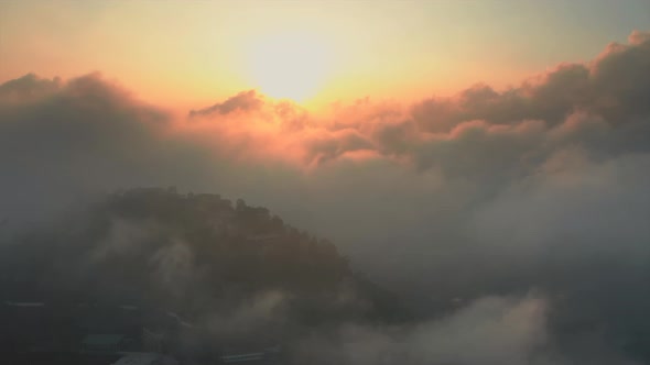 Aerial view of Rishikesh township at sunset,India.