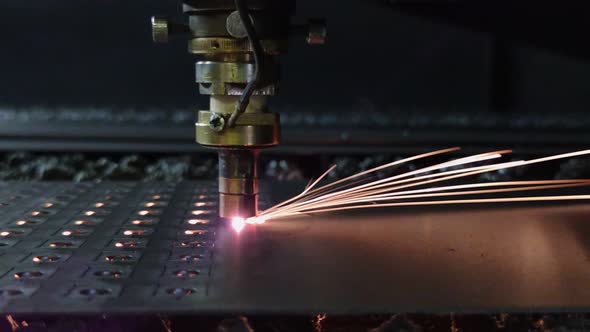 Process of Sheet Metal Laser Cutting Closeup with Selective Focus