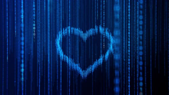 Blue Binary Code,Matrix Code, Falling Digital Symbols With Heart Icon