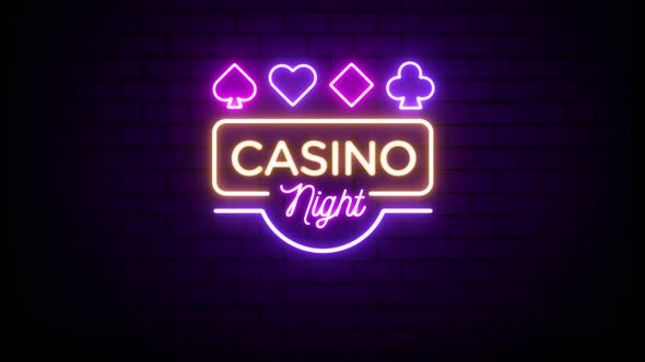 Casino Night Neon Sign on Brick Wall Background 4K