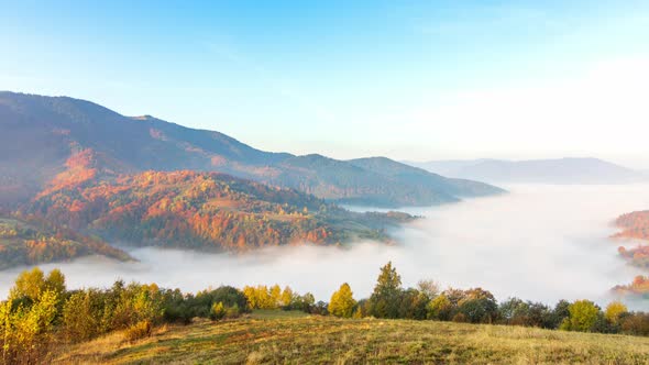 Morning Mist Over the Valley Among the Mountains in the Sunlight. Fog and Beautiful Nature of