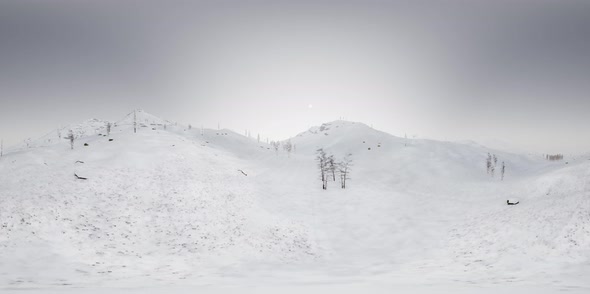 VR 360 Camera Moving Above Snow Rocky Mountains