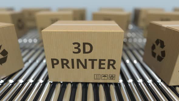 Cartons with 3D Printers on Roller Conveyors