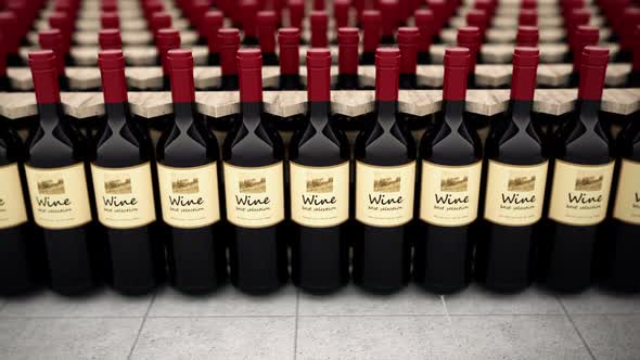 Animation showing huge amount of wine bottles standing in array. Loopable. HD