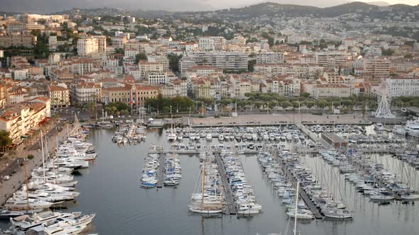 Sunrise in the Port of Cannes With Yachts and Ships Moored in the Marina