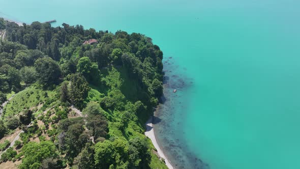 Aerial view of the Black sea coast. The Botanical Garden of Batumi, located at area of Green Cape