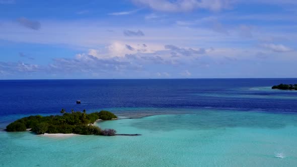 Aerial tourism of lagoon beach trip by blue sea and sand background