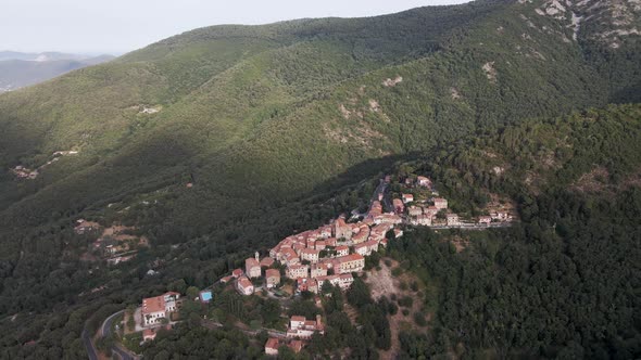 Aerial view of Poggio, a small town on the hill, Marciana, Elba Island, Italy.