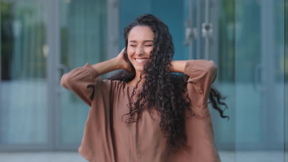 Beautiful Happy Cheerful Young Hispanic Woman Brunette with Curly Hairstyle Caucasian Attractive