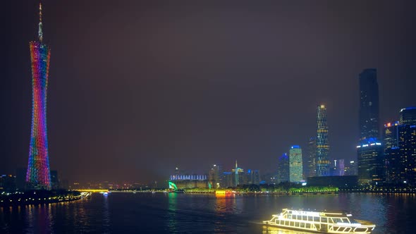 Guangzhou Skyline Over the Pearl River Illuminated in the Evening Panorama