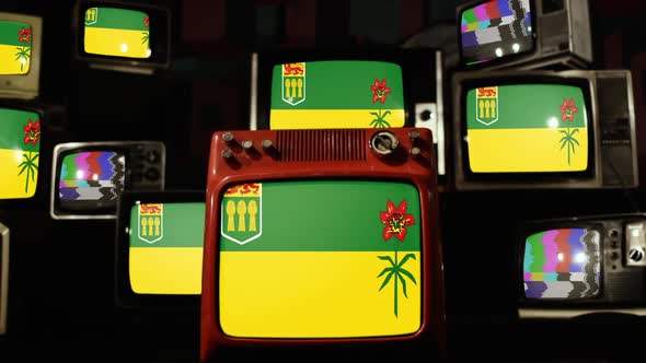 Flag of Saskatchewan, Canada, and Retro TVs.