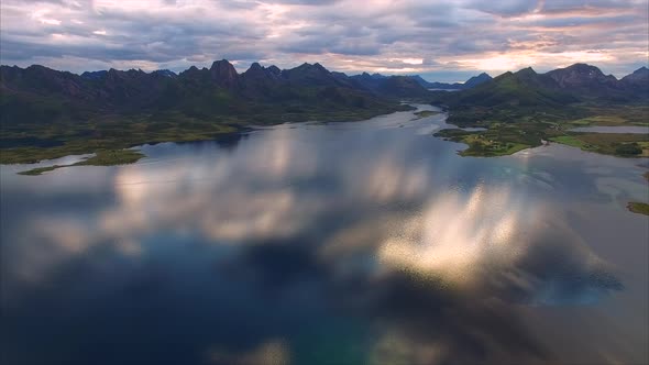 Flying down to water on Vesteralen in Norway