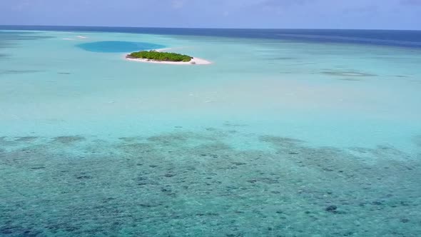 Aerial drone travel of resort beach by blue ocean with sand background