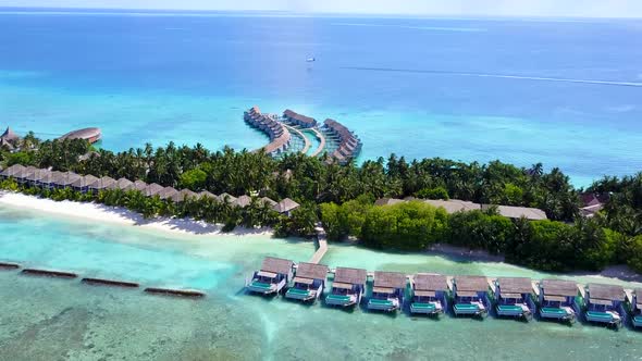 Drone view sky of bay beach trip by blue lagoon and sand background