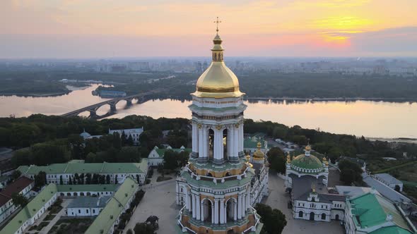 Kyiv-Pechersk Lavra in the Morning at Sunrise. Ukraine. Aerial View