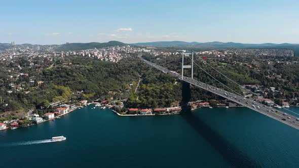 Aerial view of Fatih Sultan Mehmet Bridge and car traffic