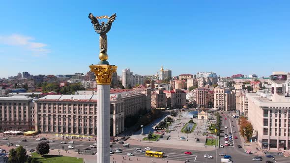 Aerial Shot of Independence Monument and Maidan Nezalezhnosti in Kyiv