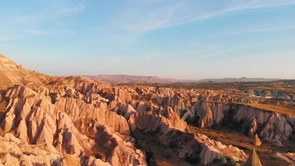Cappadocia Aerial Drone View to Red and Rose Valley Rocks Goreme Turkey