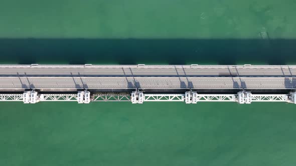 Overhead Top Down View of Oosterschelde Barrier Closable Storm Surge Barrier and Road