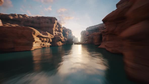 Flight In The Canyon With Red Cliff Walls