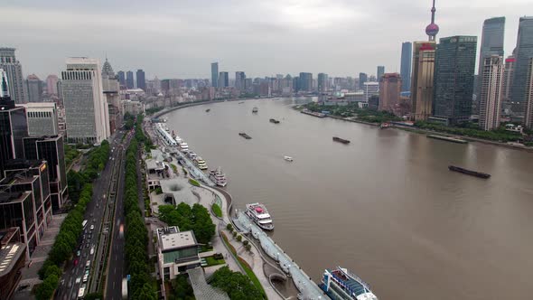 Calm Huangpu River Surrounded By Shanghai City Timelapse