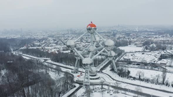 Aerial view of the Atomium in wintertime, Brussel, Belgium.