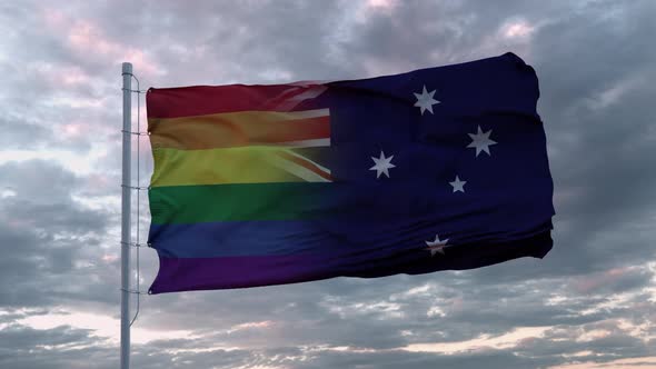 Waving Flag of Australia State and LGBT Rainbow Flag Background