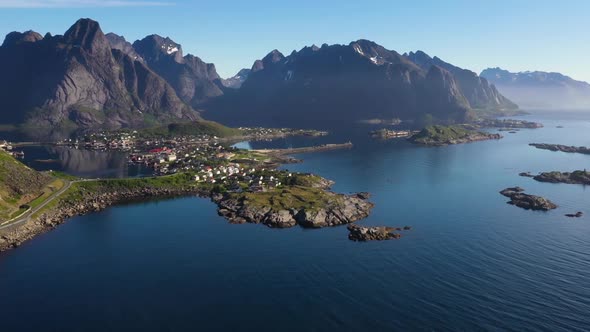 Above sea and view on the fishing village Reine and Hamnoya ,Lofoten Islands,Norway