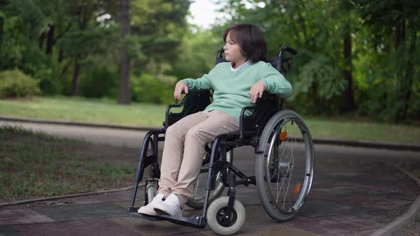 Wide Shot Portrait Thoughtful Sad Disabled Boy in Wheelchair in Summer Park Outdoors