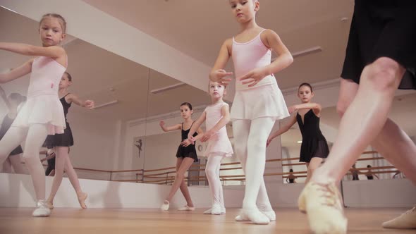 Ballet Training  Group of Little Ballerina Girls Following Movements of Their Trainer