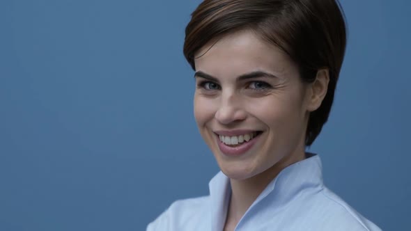 Confident woman thinking with hand on chin