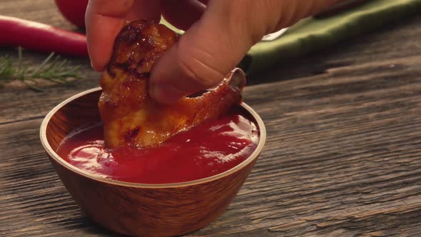 Closeup of a Male Hand Dipping a Grilled Chicken Wing Into the Ketchup
