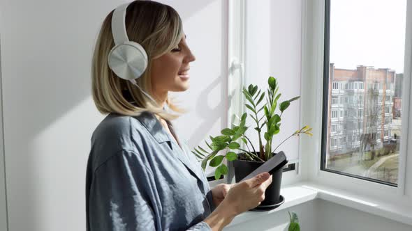 Portrait of cheerful european woman in headphones listening to music