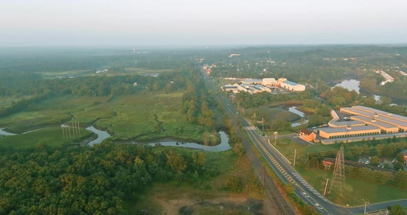 Aerial View with Railroad in Motion Railway at Main Lines at Sunset