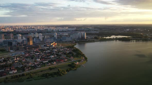 Picturesque Sunset on the Drozdy Reservoir with a View of the City of Minsk.Belarus