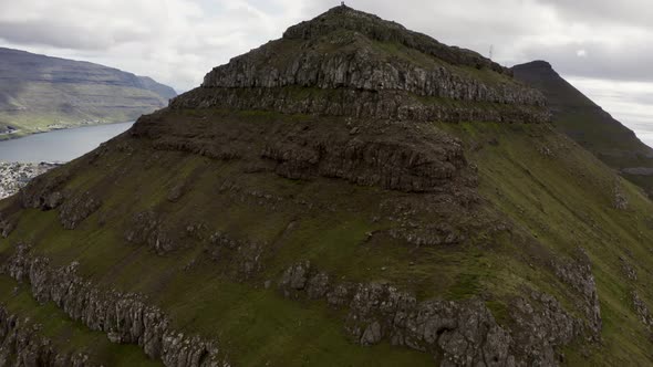 Drone Over Hikers On Klakkur With Klaksvik Town Below