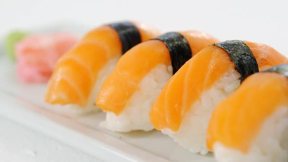 Sushi on tray with sauce