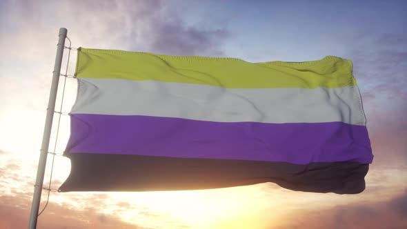 Nonbinary Pride Flag Waving in the Wind Sky and Sun Background