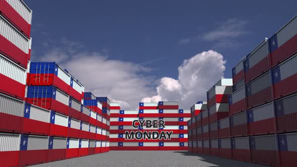 Cargo Containers with CYBER MONDAY Text and Flags of Chile alt